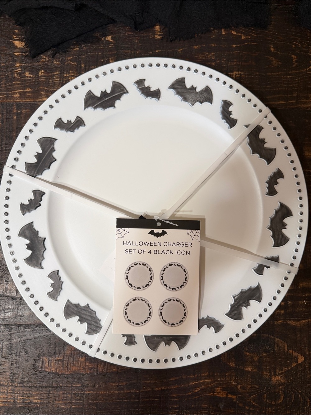 Halloween Bat Charger Plate - White with Black Bat Design, pack of 4